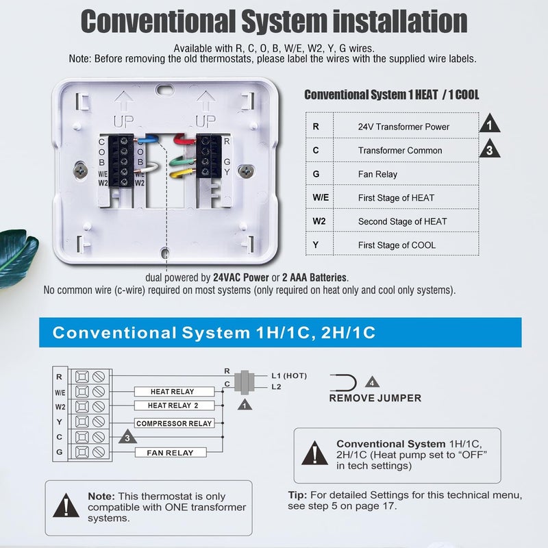 Aowel 2 Heat/ 1 Cool Non-Programmable Thermostat for Home Heat Pump System and Conventional Single-Stage System, with Room Temperature & Humidity Monitor (White Backlit Screen) - Image 5